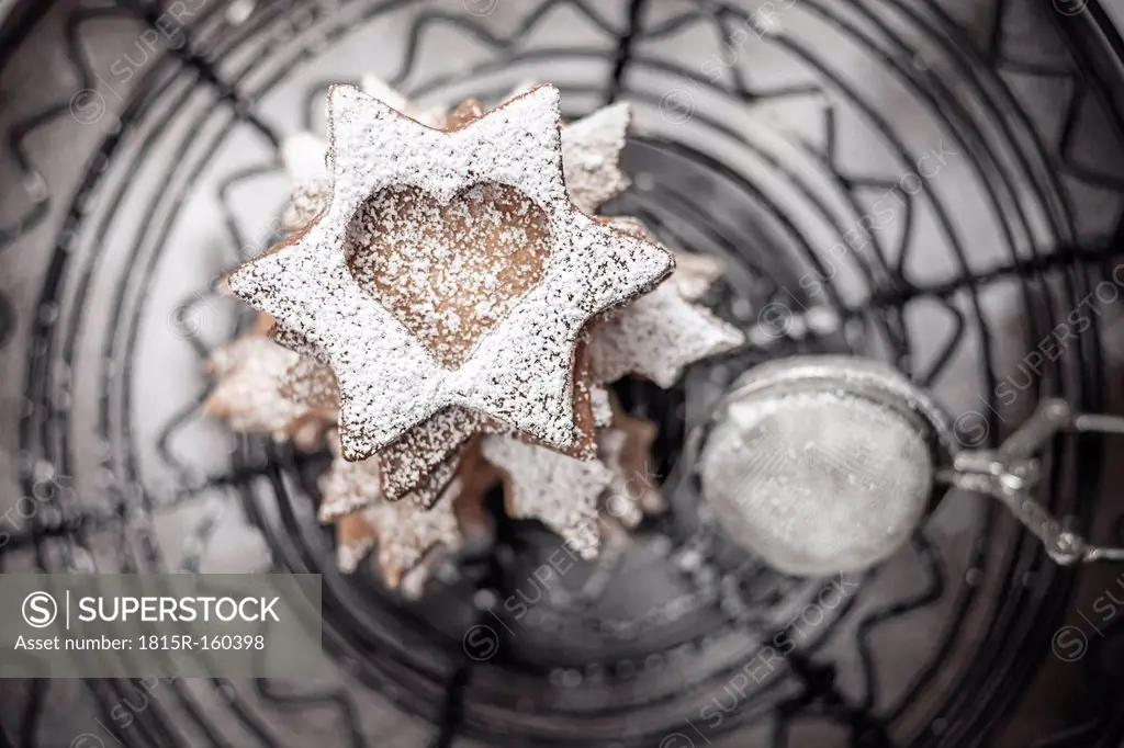 With powdered sugar sprinkled Christmas cookies and strainer lying on cake stand, close-up