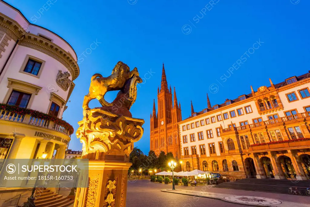 Germany, Hesse, Wiesbaden, Fountain, Hessian Landtag, Market Church and new town hall at night