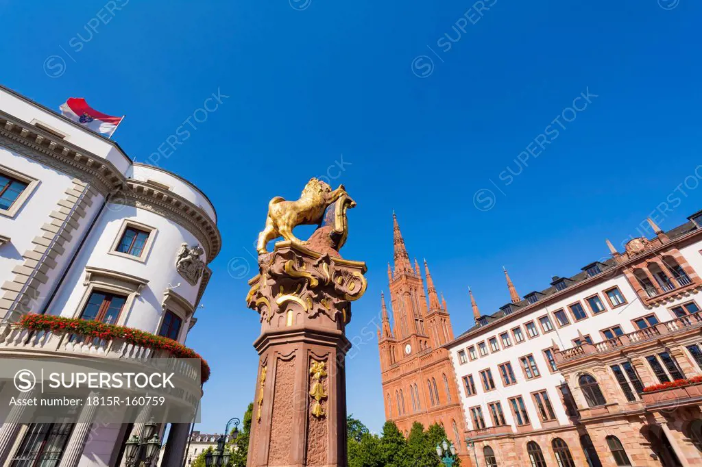 Germany, Hesse, Wiesbaden, Fountain, Hessian Landtag, Market Church and new town hall