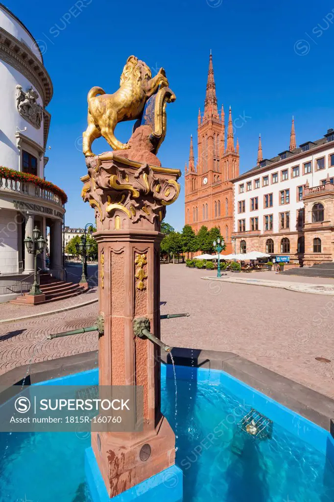 Germany, Hesse, Wiesbaden, Fountain, Hessian Landtag, Market Church and new town hall