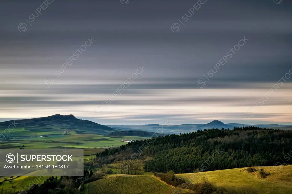 Germany, Baden Wuerttemberg, Konstanz district, Hegau with Hohenstoffeln, right Hohenhewen in the evening