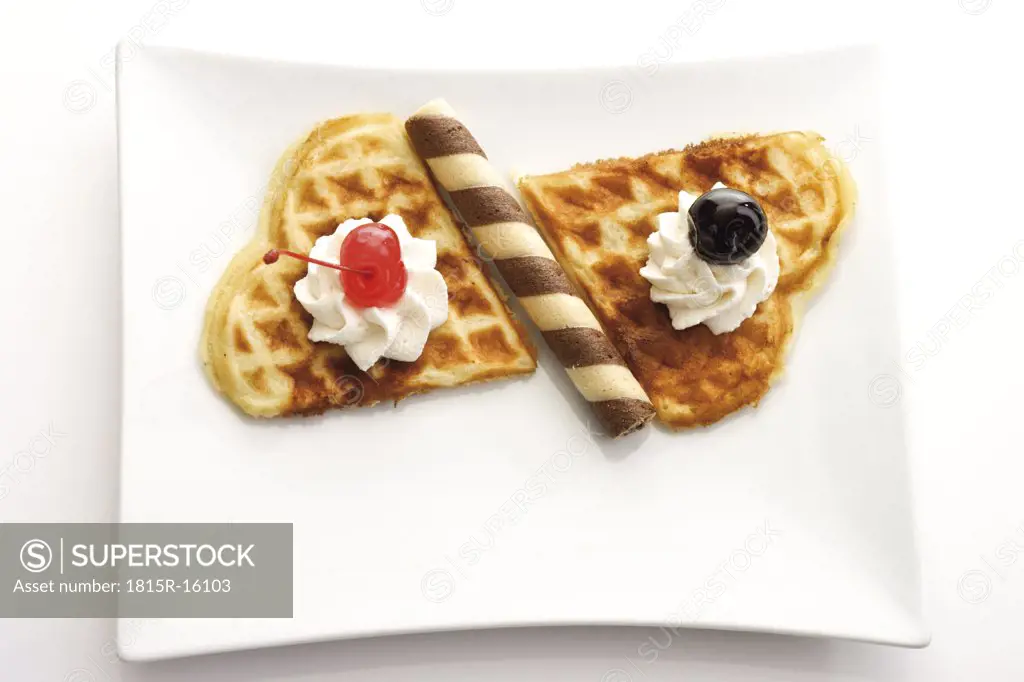 Waffle with whipped cream, elevated view