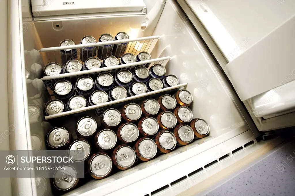 Beer Cans in fridge, low angle view