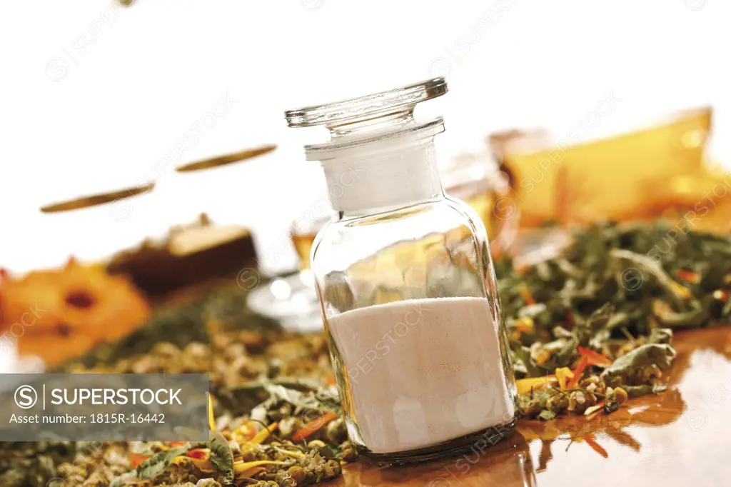 Homoeopathic Powder in apothecary flask, close-up