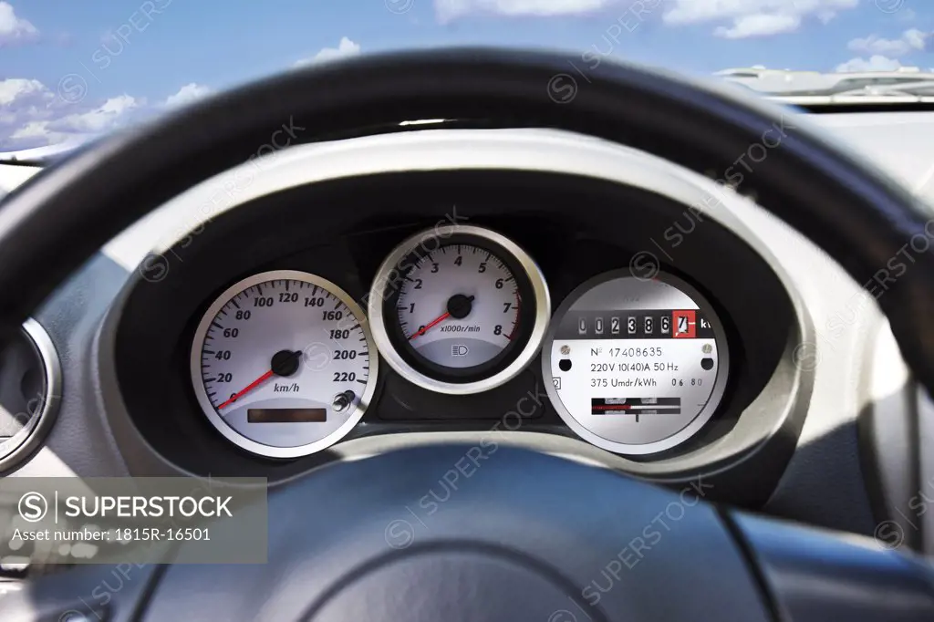 Dashboard with Electricity meter, close-up