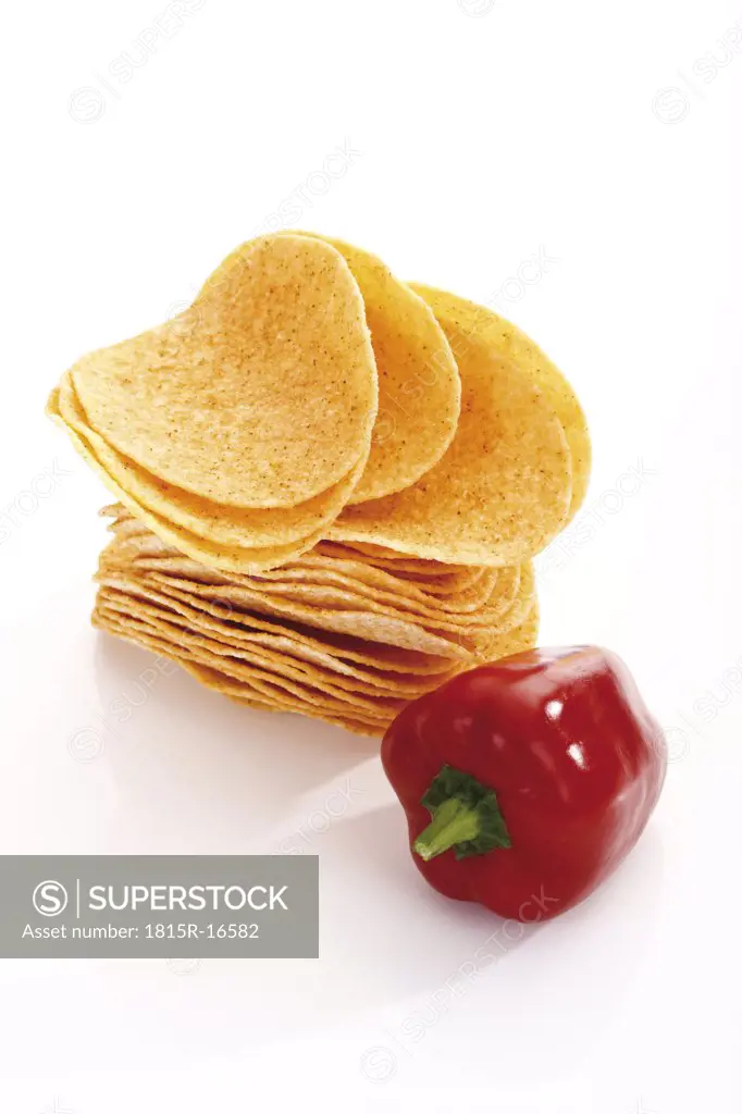 Potato chips and bell pepper, elevated view