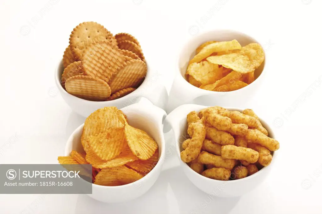 Assorted snacks in bowls, elevated view