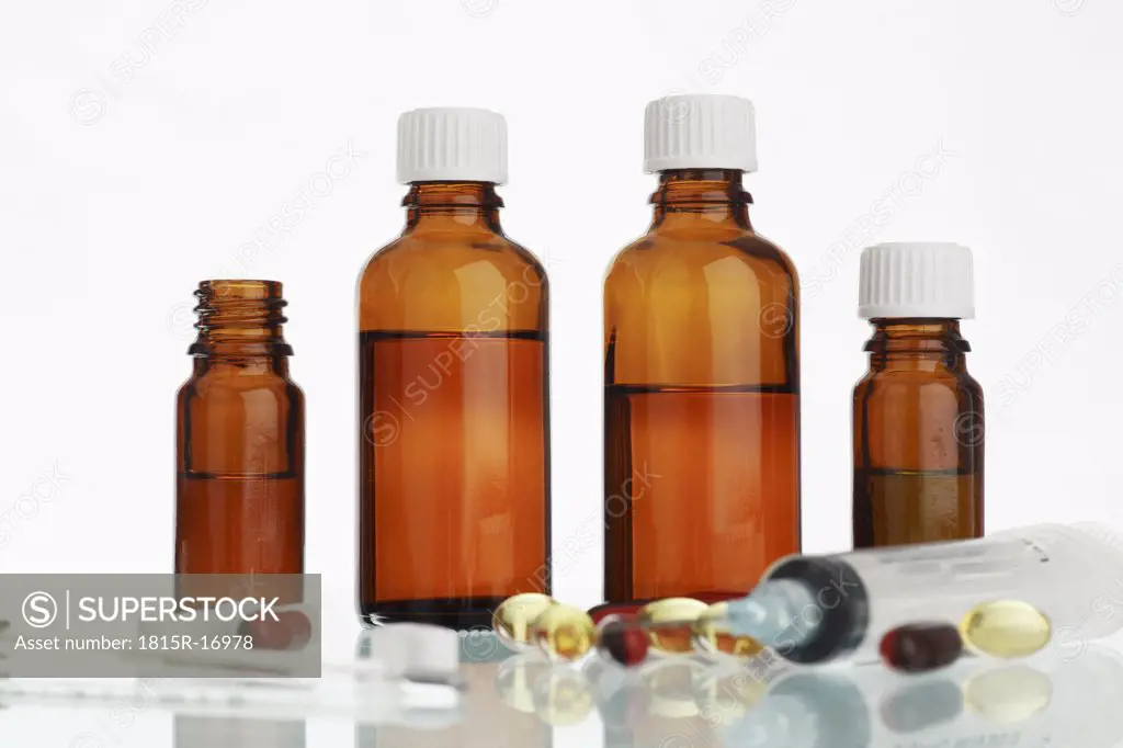 Medicine bottles, tablets, close up