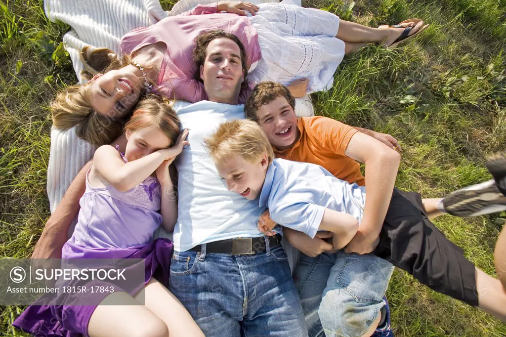Young family lying in field, embracing, elevated view