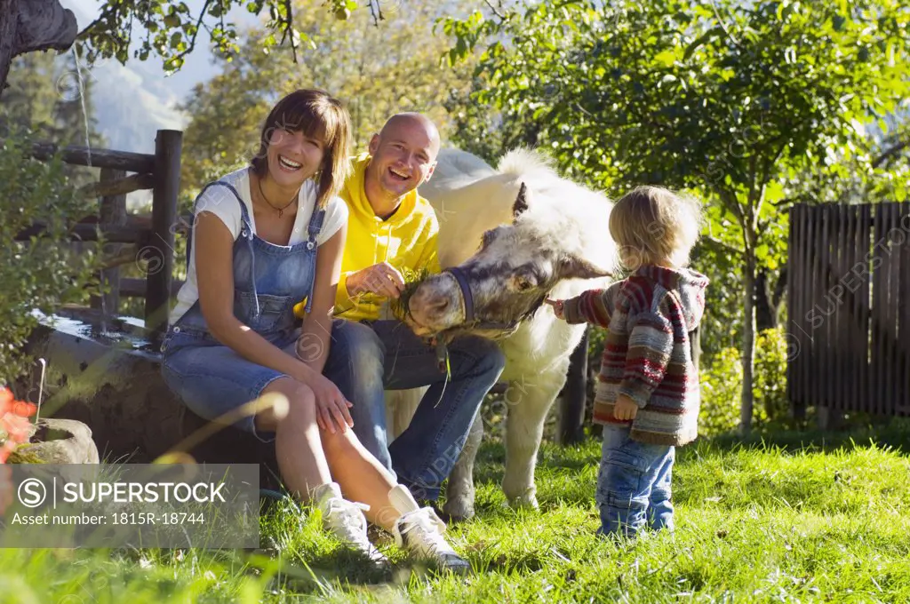 Parents with child sitting in garden, playing with pony