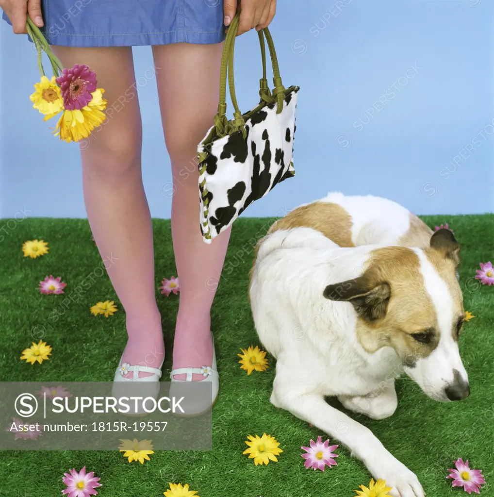 Young woman standing by dog, low section