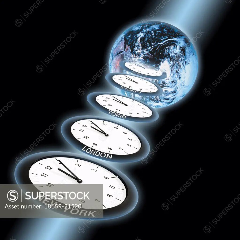 Clocks showing five past twelve in front of world