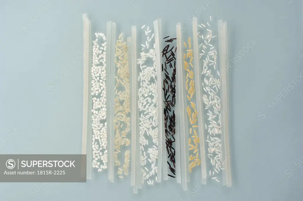Varieties of rice and rice noodles, overhead view, close-up