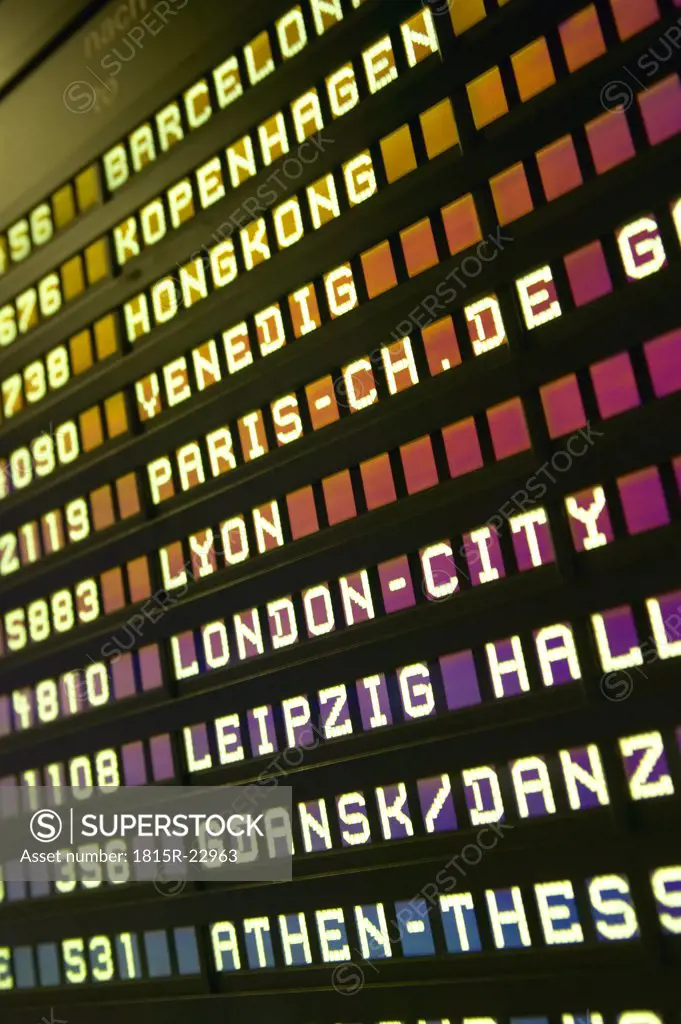 Arrival-Departure board at Frankfurt/M Airport,Germany, close-up, low angle view