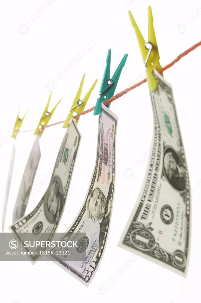US-Dollar-Notes on clothesline, close-up