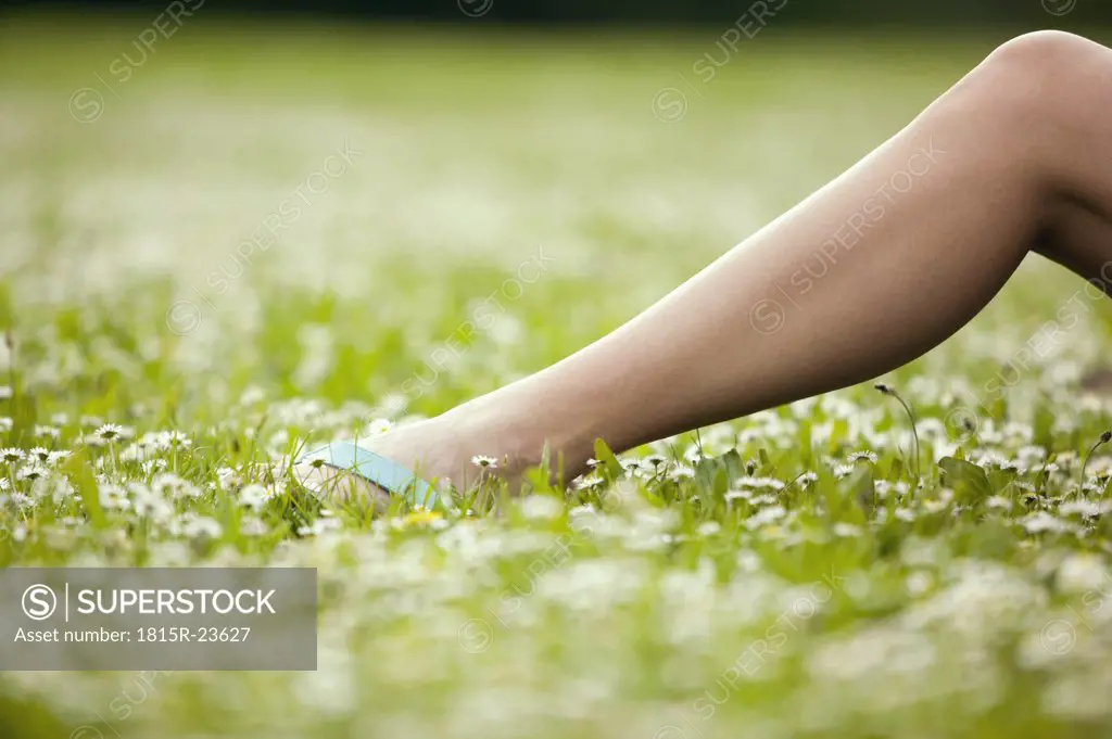 Young woman lying in meadow, low section, close-up