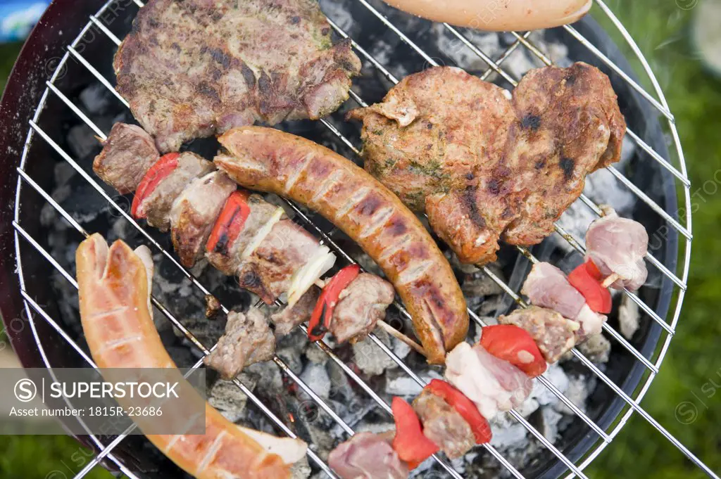 Meat, sausages and pepper on grill, elevated view