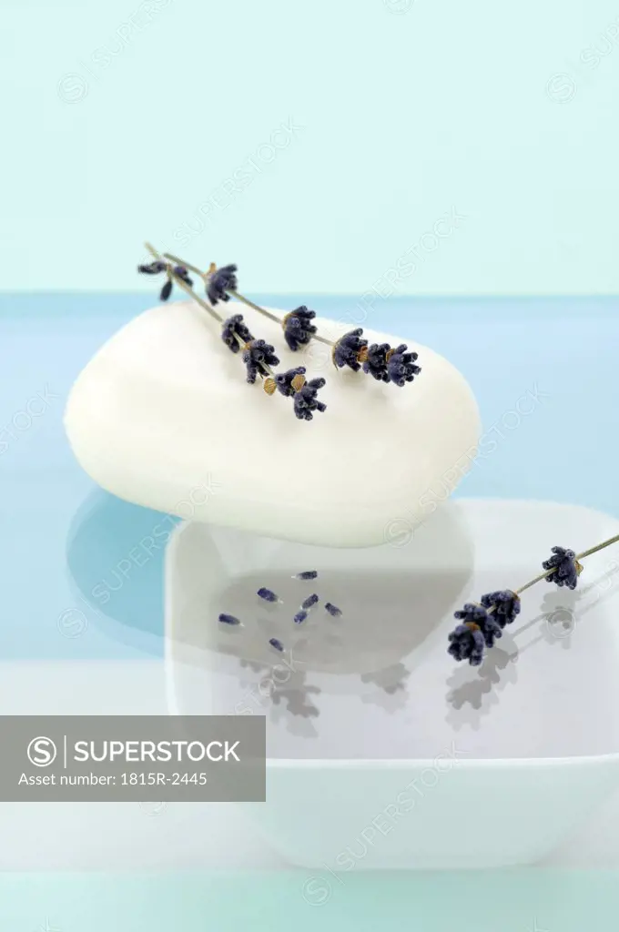 Lavender soap with lavender flowers, close-up