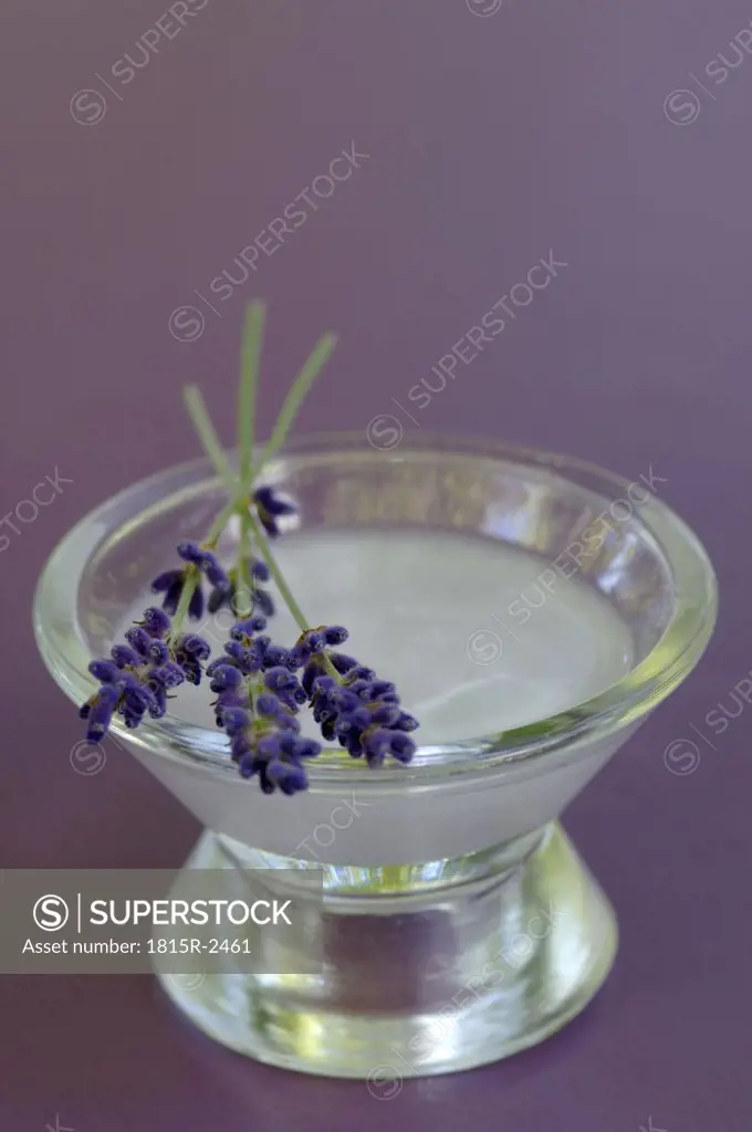 Lavender salve in bowl with flowers, close-up
