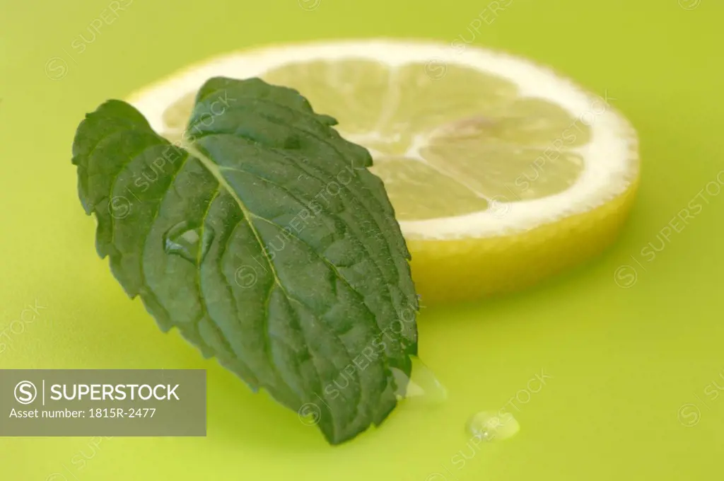 Lemon slice and mint leaf, close-up