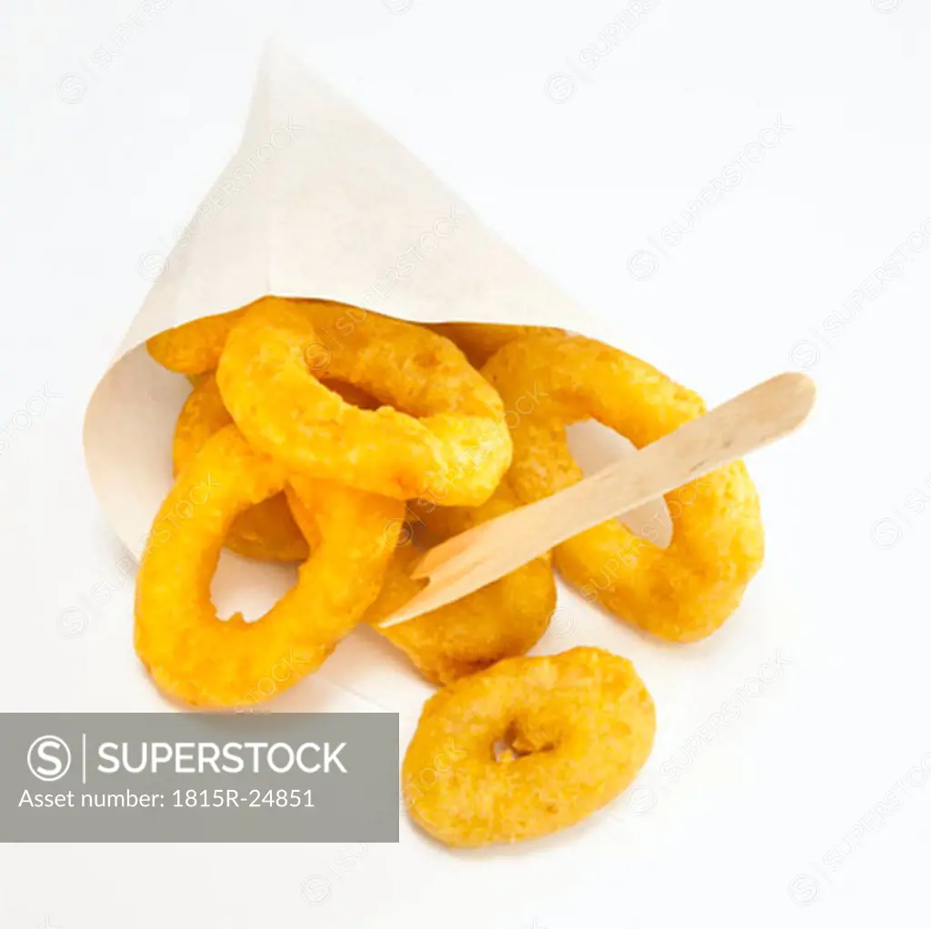 Fried calamari-rings in paper bag