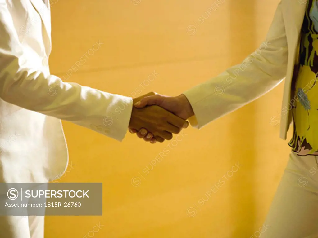 Two business women shaking hands, close-up, mid section