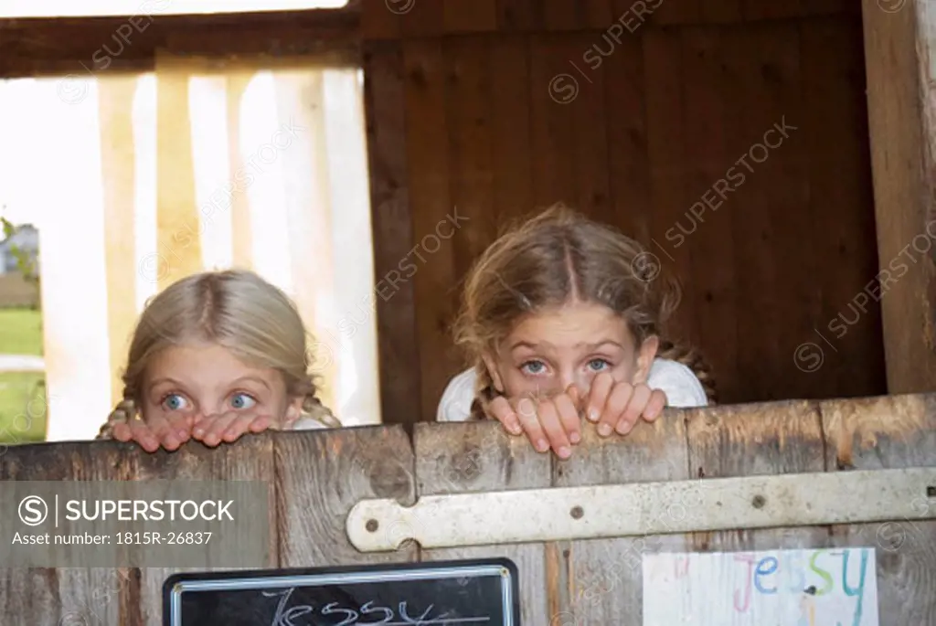 Two girls in barn, portrait