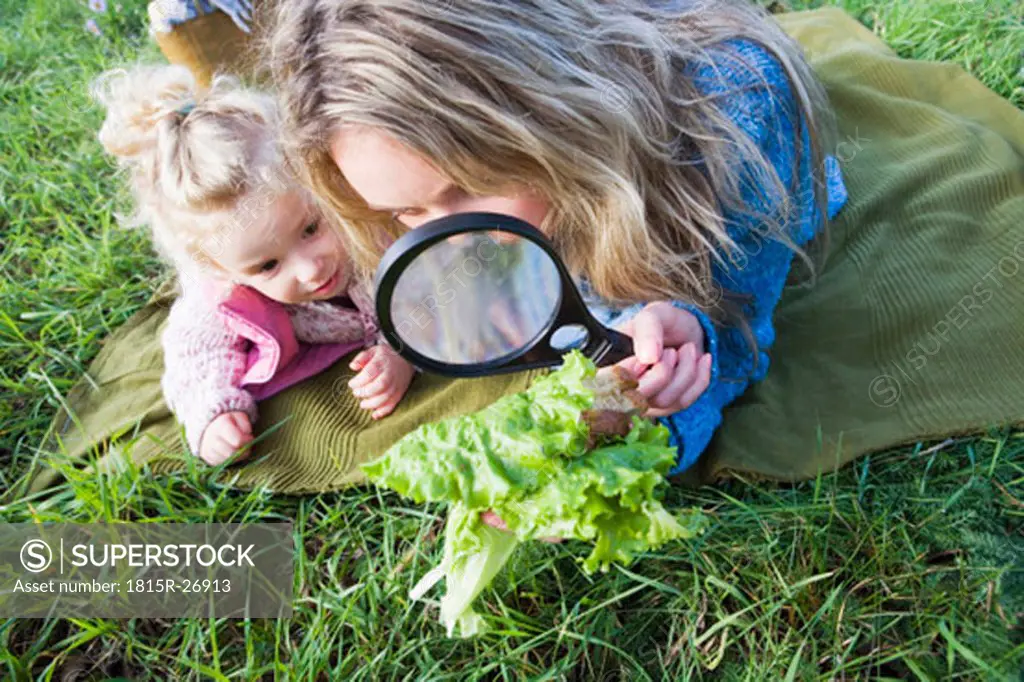 Mother and daughter watching lettuce leaf trough magnifying glass
