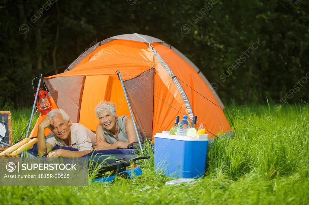 Senior couple camping, portrait