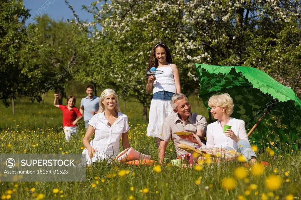 Germany, Baden Württemberg, Tübingen, Three generation family having picnic in meadow