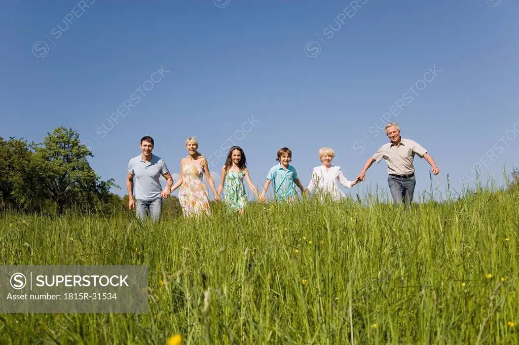 Germany, Baden Württemberg, Tübingen, Three generation family holding hands, walking through meadow