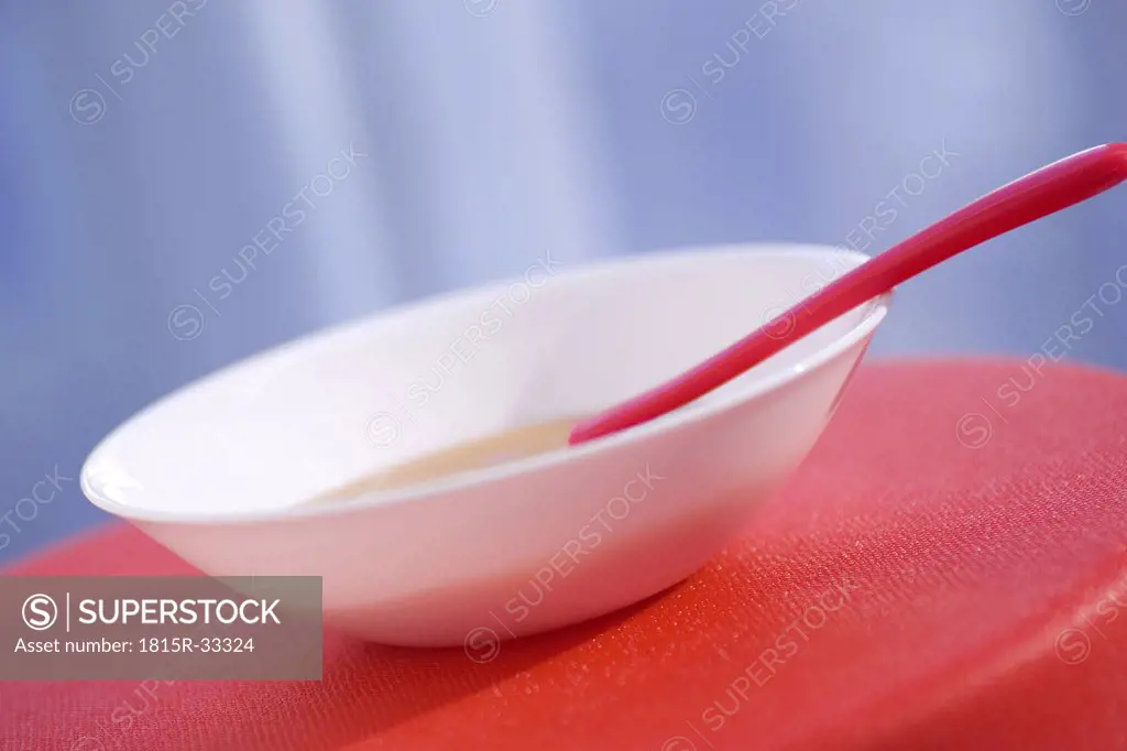 Bowl with plastic spoon and pap, close-up