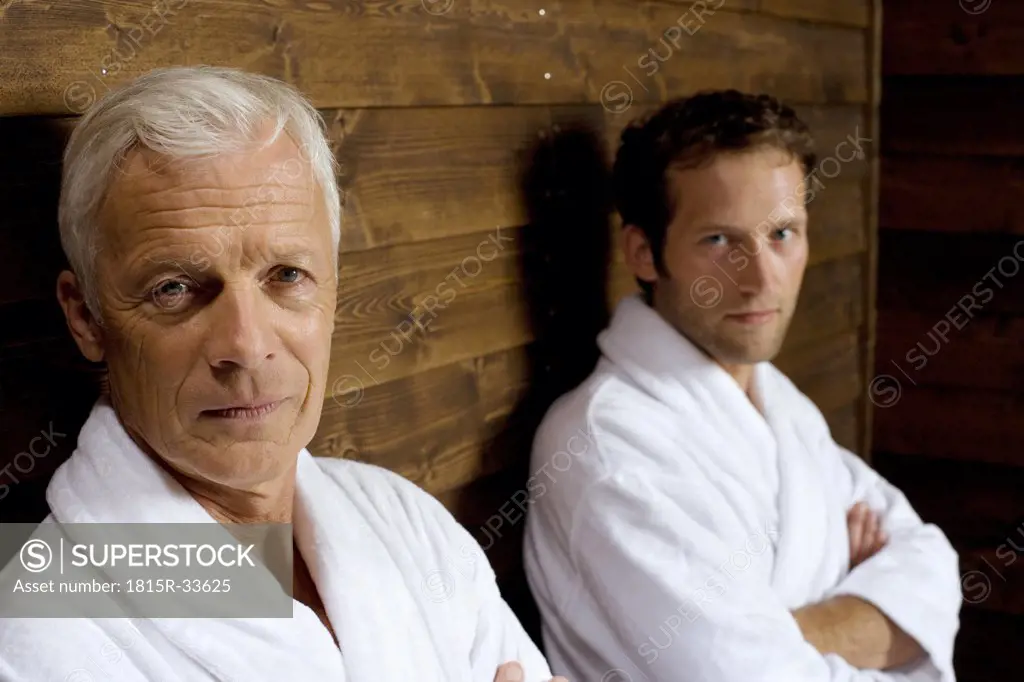 Germany, two men in bathrobe, portrait
