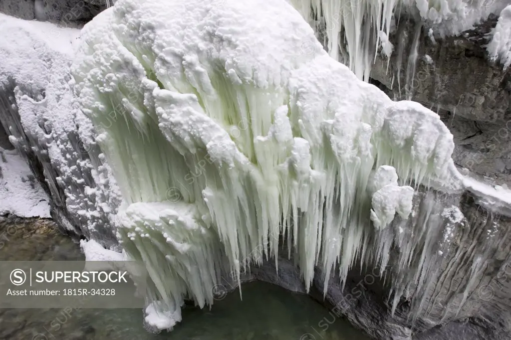 Icicles in wild canyon in Garmisch, Germany