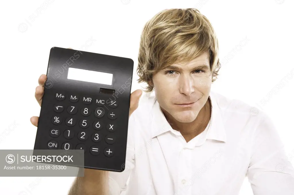 Man holding calculator, close-up