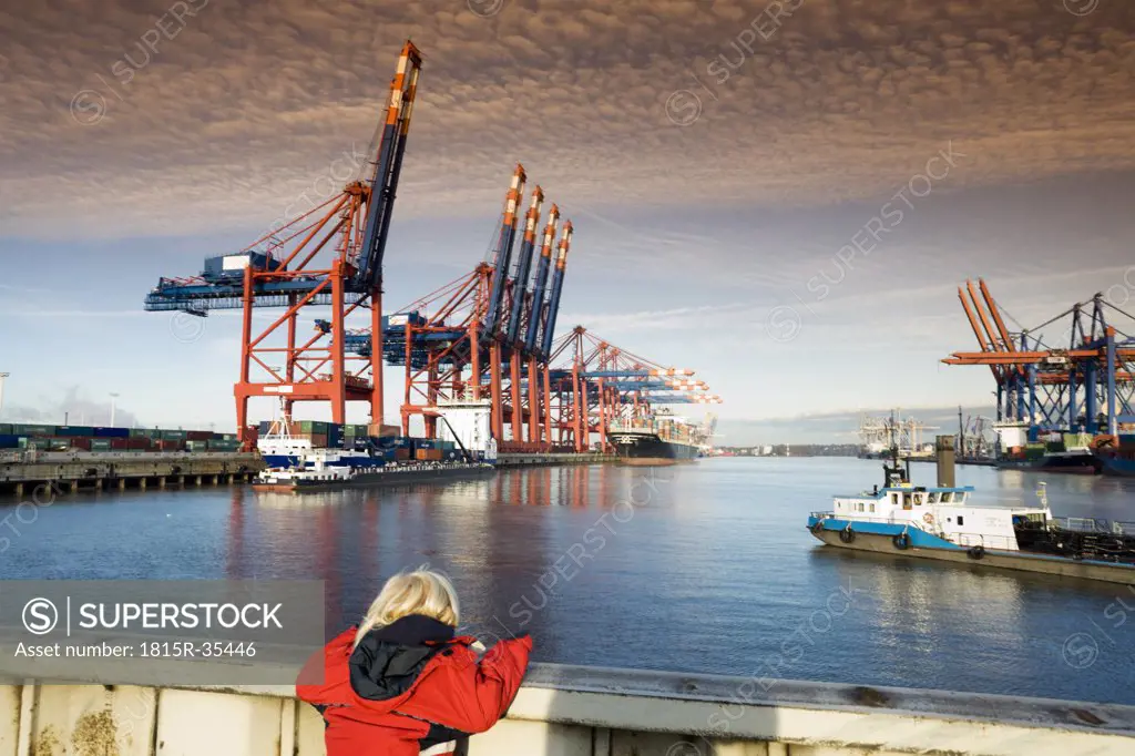 Germany, Hamburg, Waltershof, Container Terminal with ships
