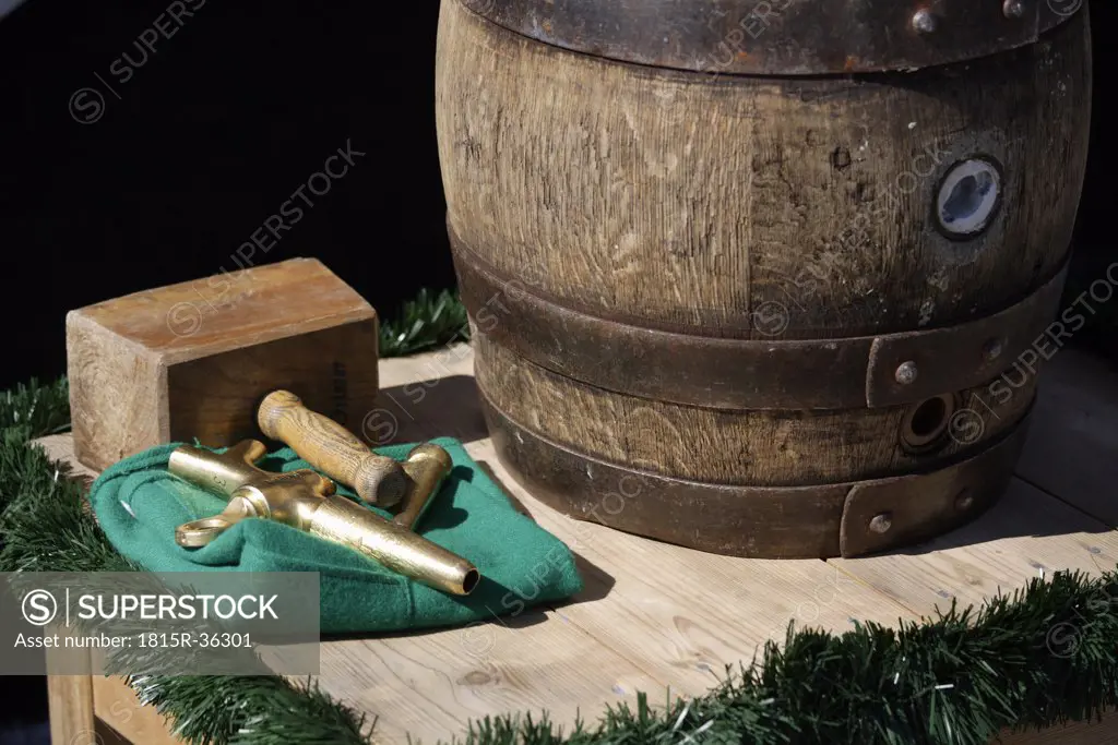 Germany, Bavaria, Beer barrel with tap, close-up