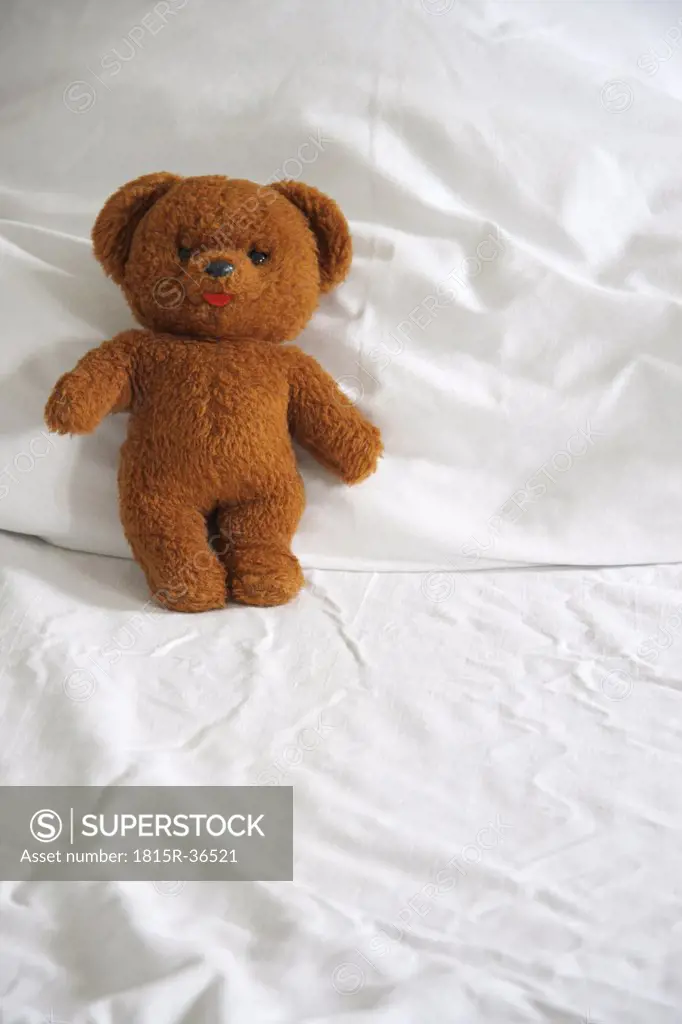 Teddy bear on duvet, close-up