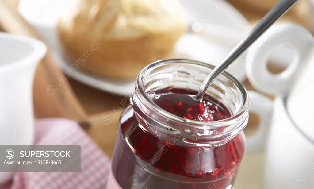 Breakfast, Close-up of spoon in a jar of jam