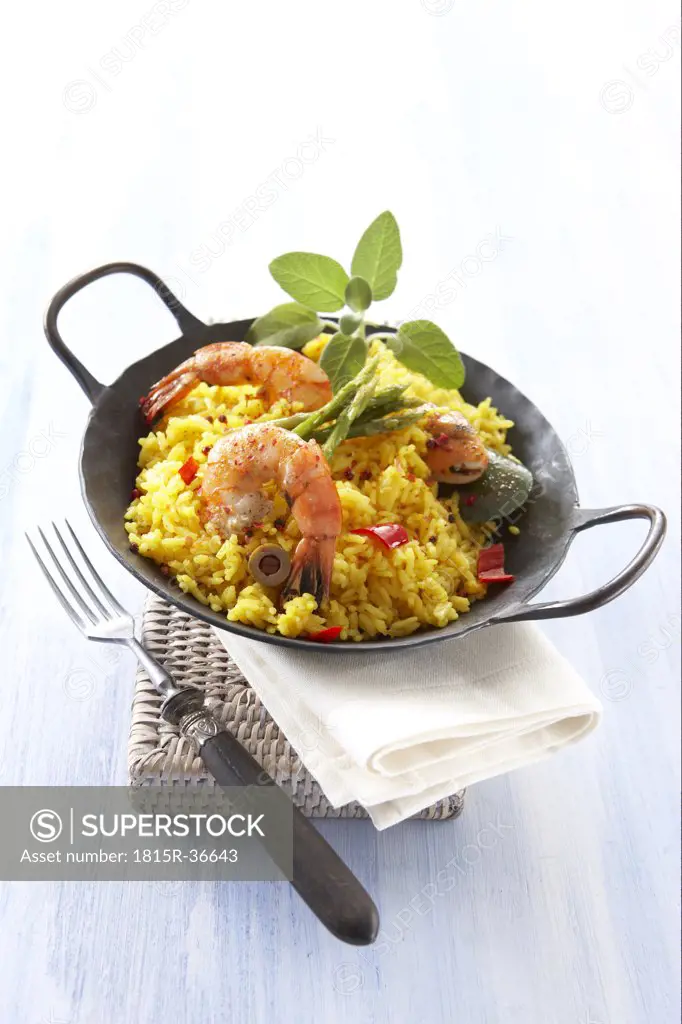 Seafood paella, elevated view