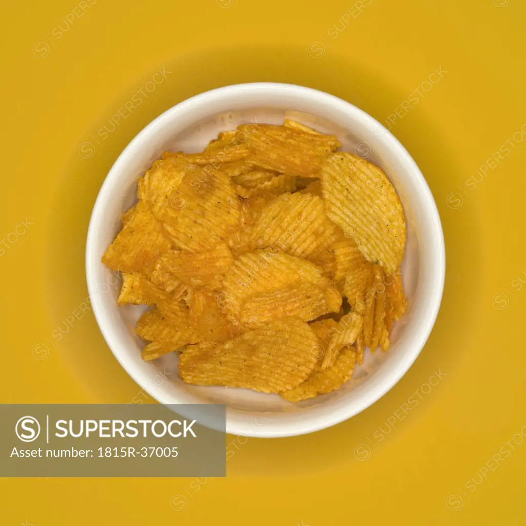 Bowl of crisps, elevated view