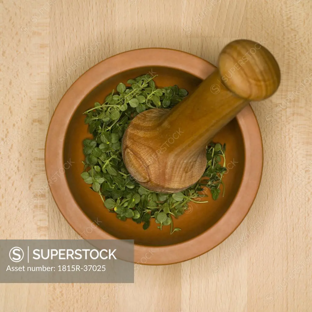 Thyme in mortar with pestle, elevated view