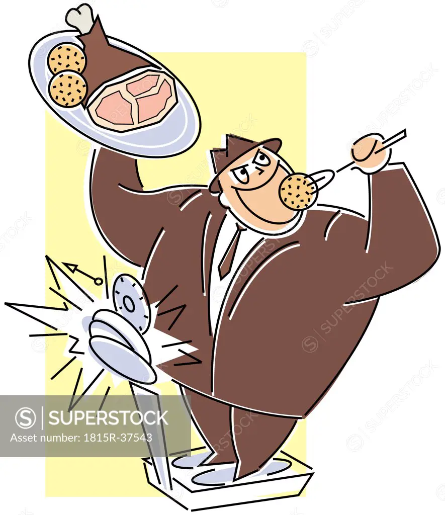 Man on scales eating roast and dumplings
