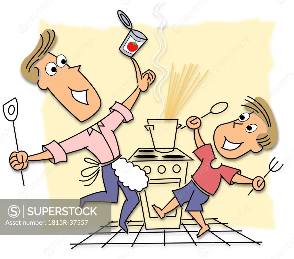 Father and son preparing food in kitchen