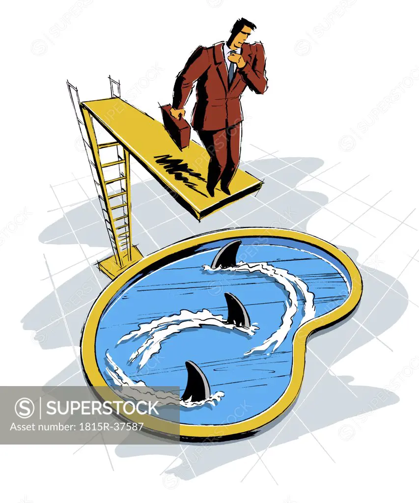 Businessman on springboard over shark pool