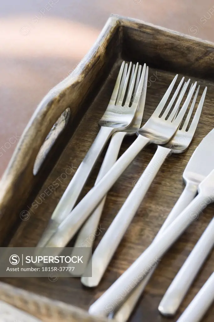 Forks and knives on tray, close-up