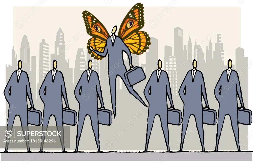 Businessmen standing in a row, one man with butterfly wings hovering above them