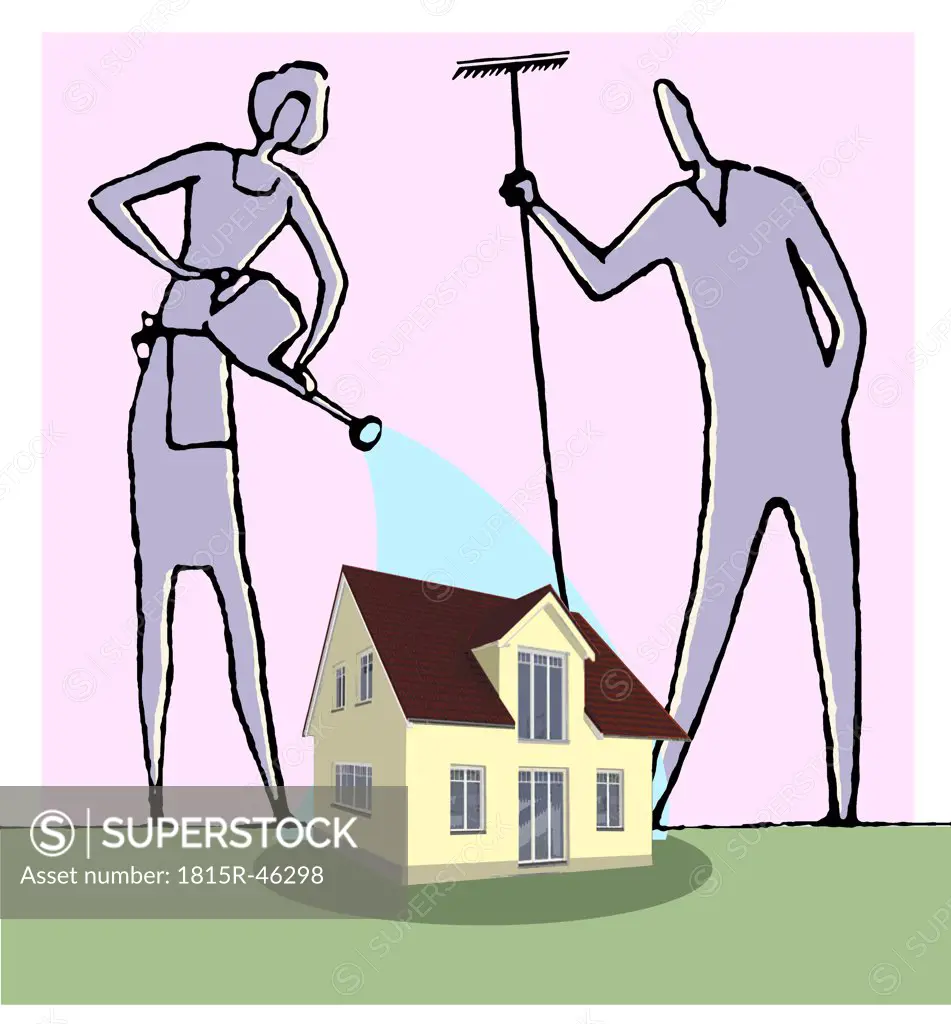 Illustration, Woman watering home, man with rake is watching