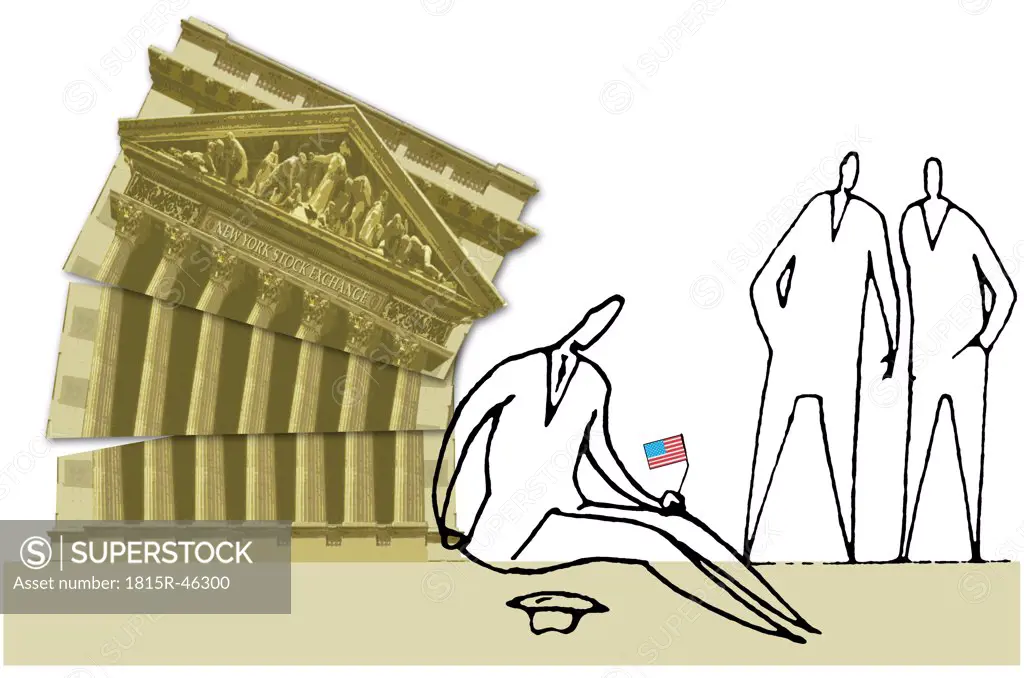 Illustration, Beggar sitting in front of damaged New York Stock Exchange building, two men watching