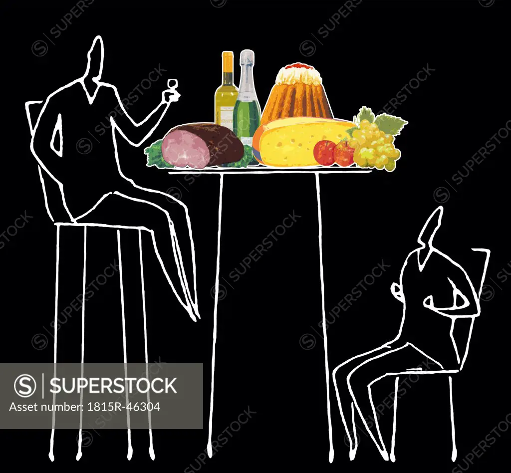Man sitting at table with foods, another man watching from below